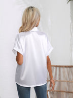 Button Down Collared Neck Short Sleeve Satin Shirt