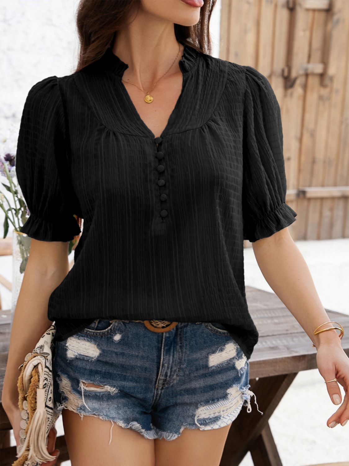 Devine Frill Notched Short Sleeve Blouse - felvior