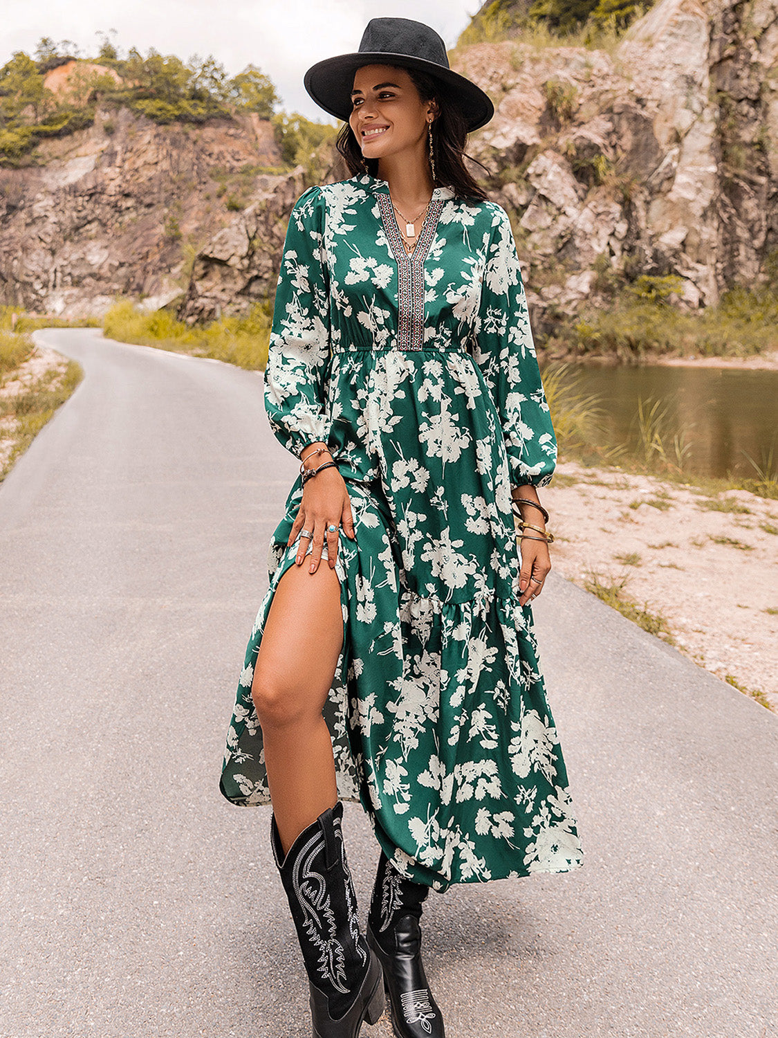 Printed Notched Neck Maxi Dress - felvior
