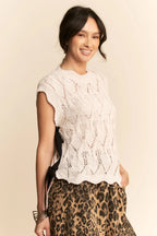 Davi & Dani Ribbon Bow Ties Scalloped Trim Knit Semi Crop Top