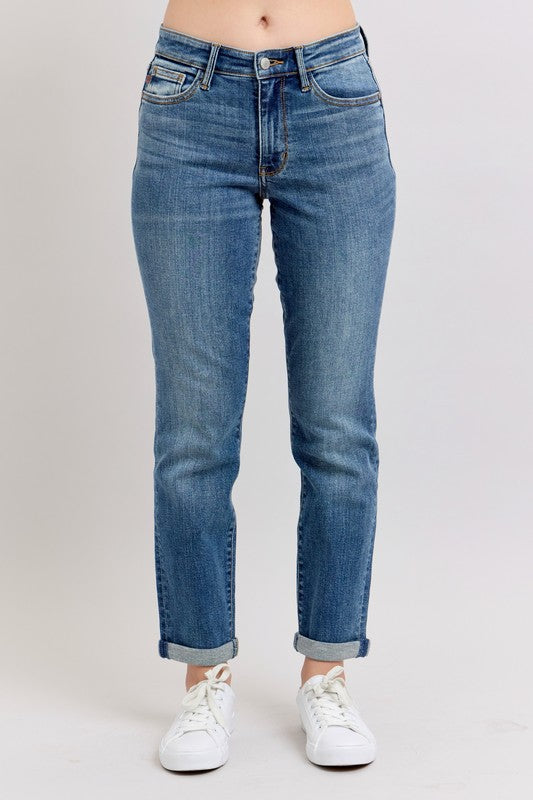 Judy Blue Full Size Mid Rise Skinny Cuff Jeans with Pockets Plus Size - felvior