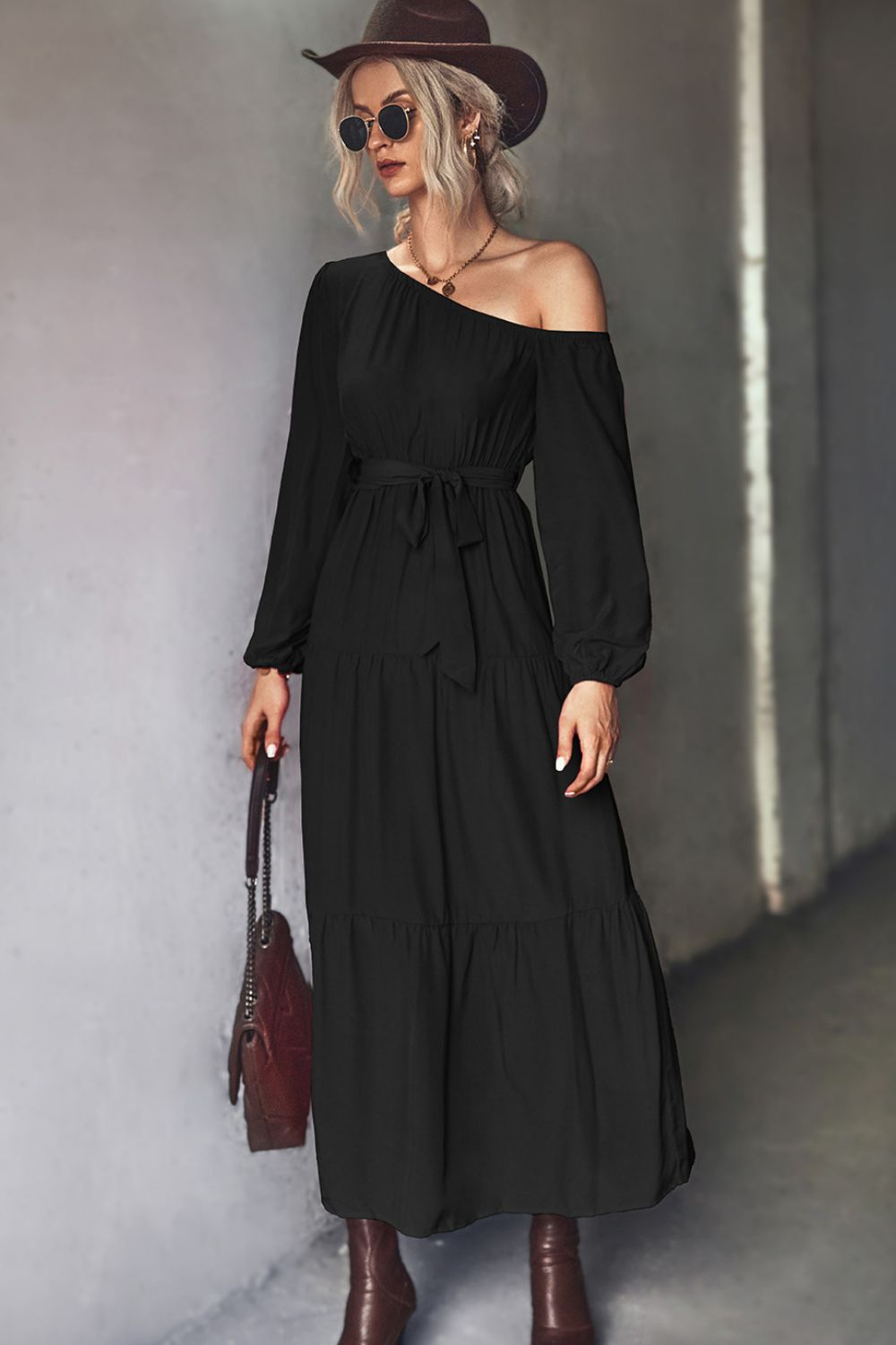 Belted One-Shoulder Tiered Maxi Dress - felvior