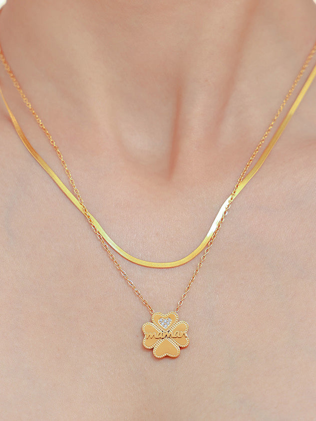 2 Piece 18K Gold-Plated Inlaid Zircon Lucky Clover Necklace - felvior