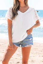 Lace Crochet Textured Button Back V Neck T Shirt