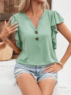 Full Size Ruffled Notched Cap Sleeve Blouse Plus Size