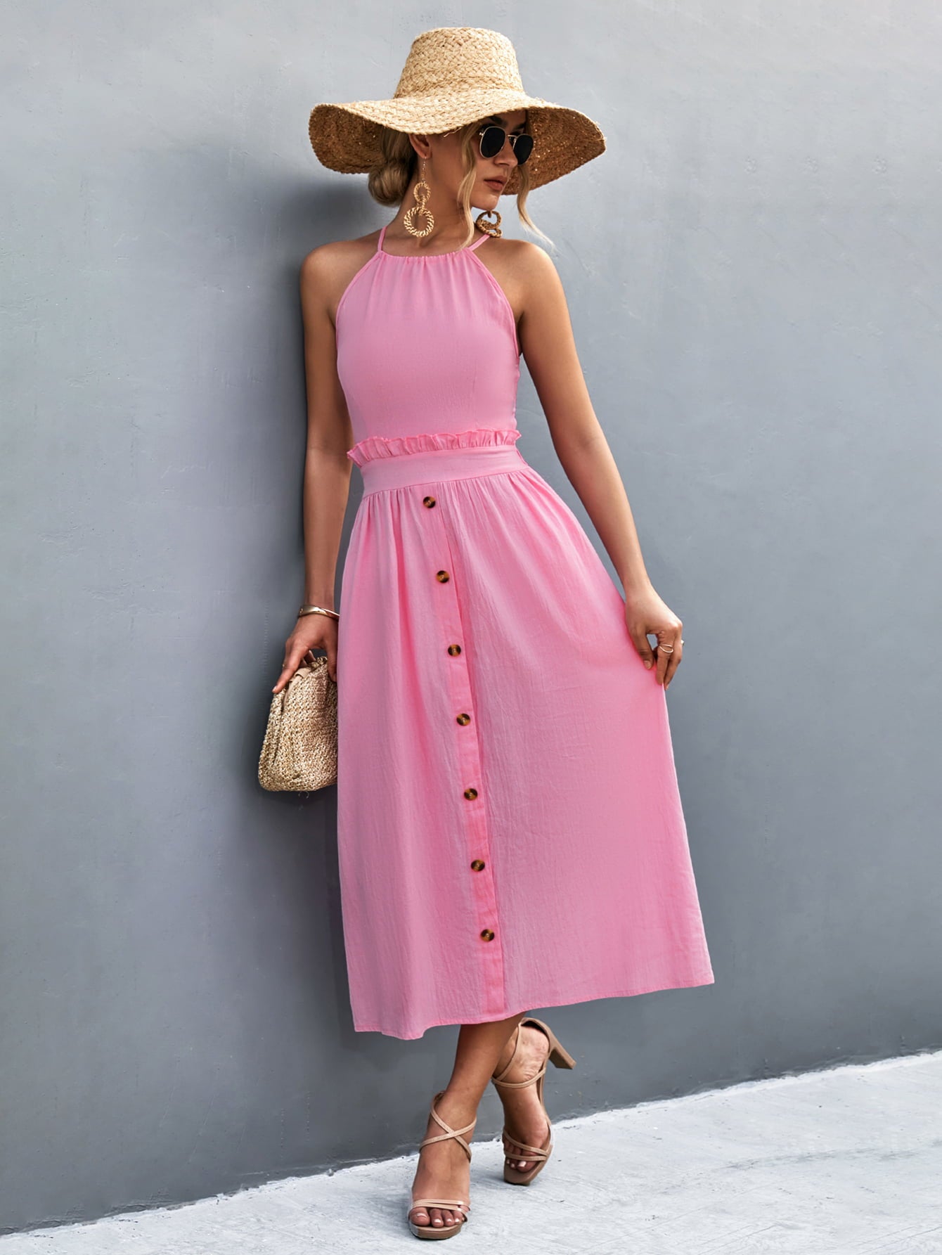 Buttoned Halter Neck Frill Trim Midi Dress - felvior