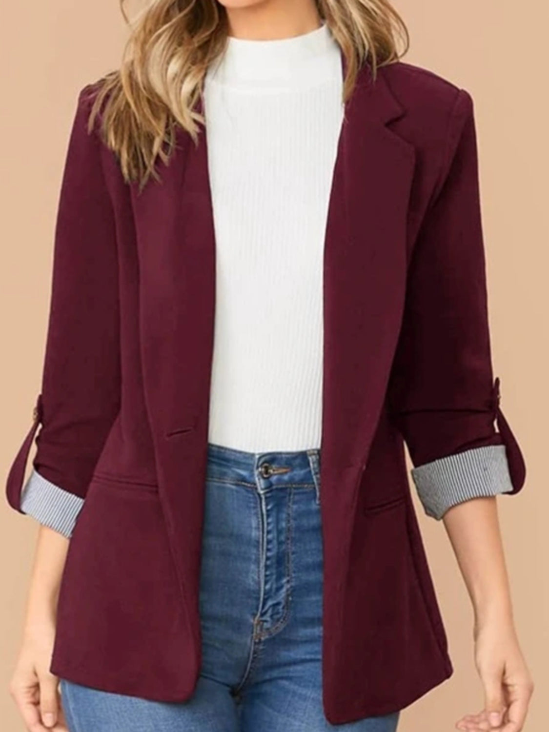 Lapel Collar Roll-Tab Sleeve Blazer - felvior