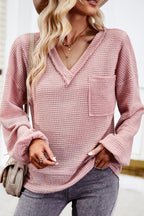 Devine Waffle-Knit V-Neck Long Sleeve Top