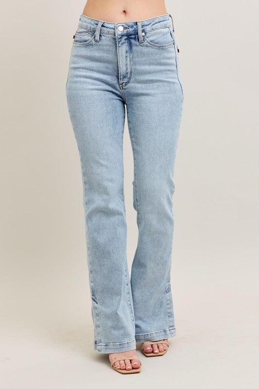 Judy Blue Full Size Tummy Control Vintage Wash Side Slit Slim Boot Jeans Plus Size - felvior