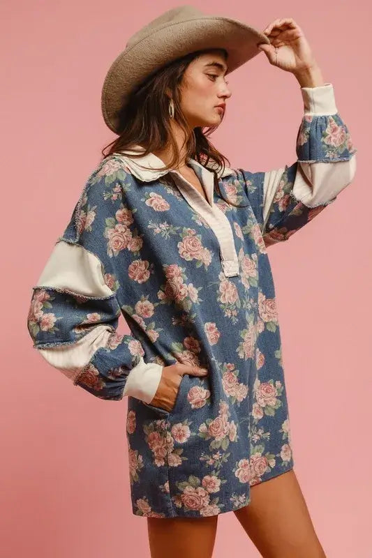 BiBi Washed Floral Denim Romper With Contrast Collar