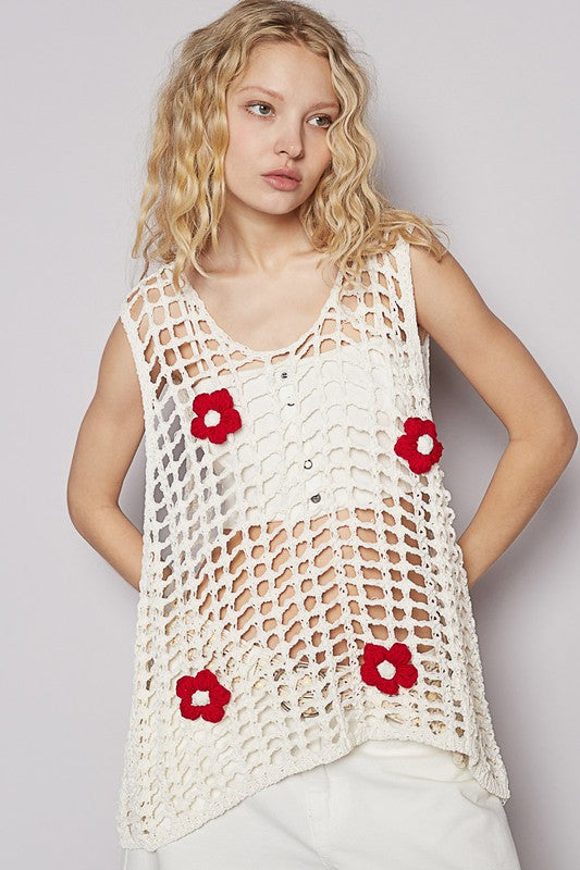 POL Flower Crochet Scoop Neck Sleeveless Knit Cover Up - felvior