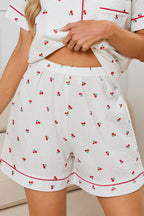 Cheery Print Collared Neck Top and Shorts Lounge Set