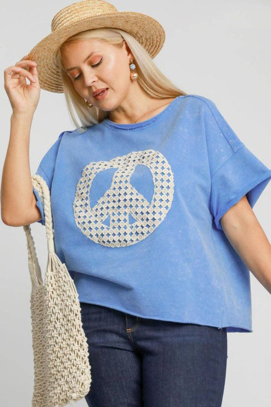 Umgee Full Size Mineral Wash T-Shirt with Lace Applique Plus Size - felvior