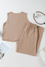 Button Down Vest and Drawstring Wide Leg Pants Set