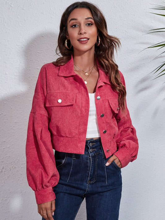 Button Down Collared Neck Cropped Jacket - felvior