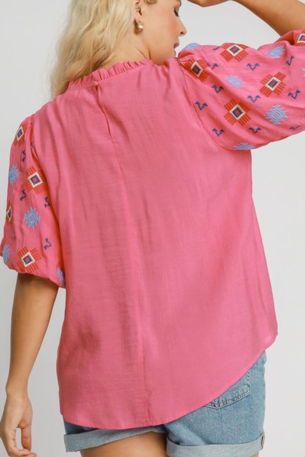 Umgee Full Size Embroidered Puff Sleeve Mock Neck Top Plus Size - felvior