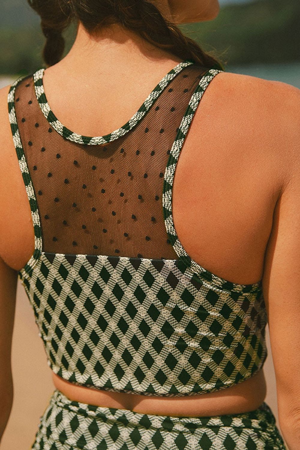 Dotted Mesh Plaid Patchwork High Waisted Swim Set - felvior