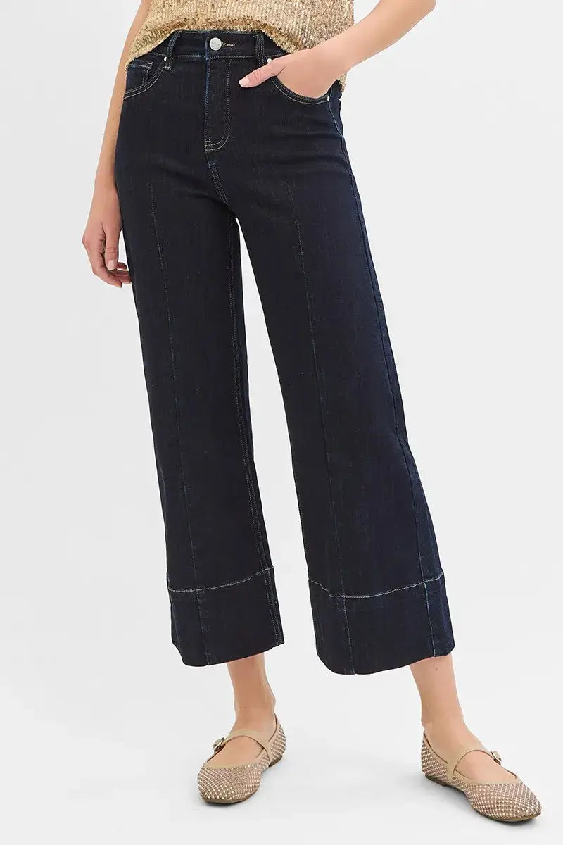 RISEN Tummy Control High Rise Crop Wide Seam Detailed Jeans