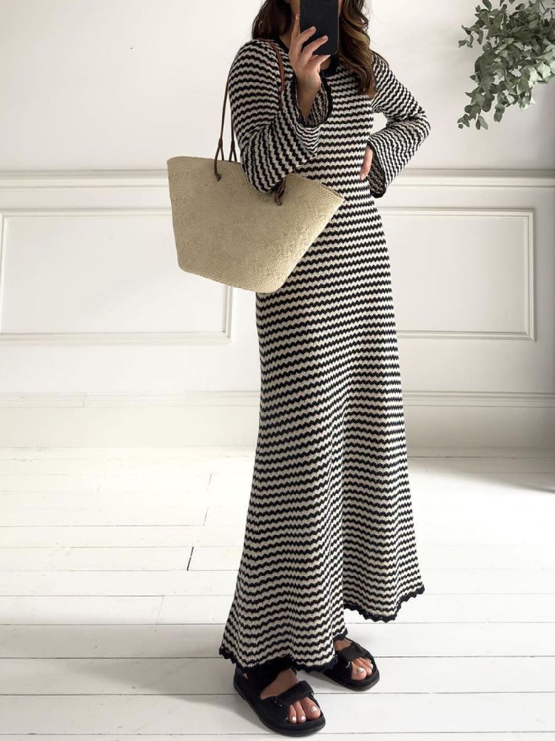 Devine Tied Round Neck Striped Sweater Dress - felvior