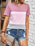 Color Block Round Neck Short Sleeve T-Shirt - felvior