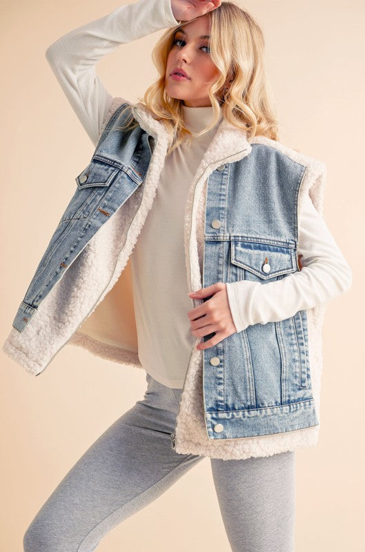 Aemi + Co Fake Two Pieces Denim Patch Sherpa Vest Coat - felvior