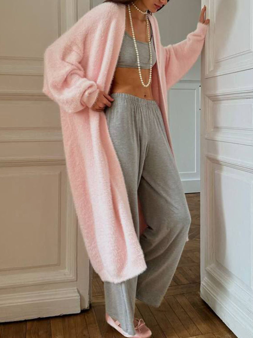 Fuzzy Open Front Solid Color Cardigan