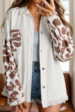 Raw Hem Animal Print Long Sleeve Denim Jacket - felvior