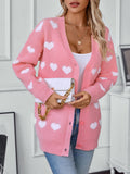 Heart V-Neck Button Up Long Sleeve Cardigan - felvior