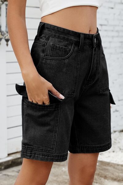 High Rise Denim Shorts with Cargo Pockets - felvior