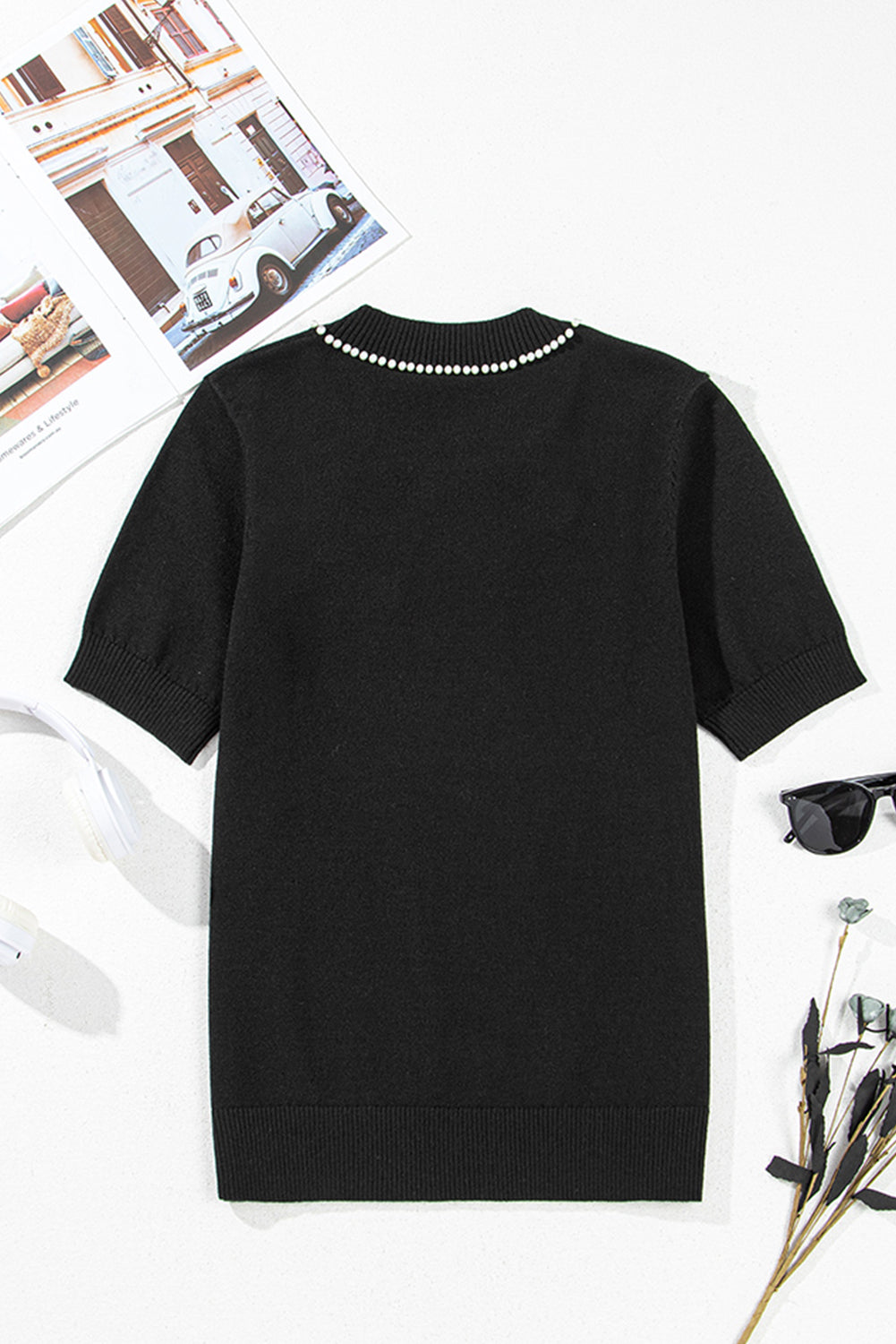 Pearl Bow Necklace Embellished Short Sleeve Knit Top - felvior