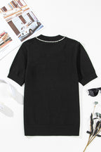 Pearl Bow Necklace Embellished Short Sleeve Knit Top