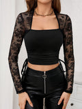 Side Drawstring Square Neck Long Sleeve Top - felvior