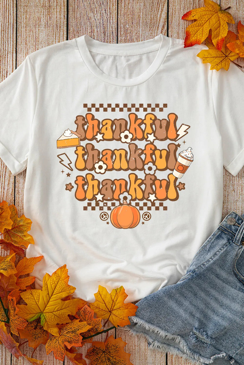 THANKFUL Round Neck Short Sleeve T-Shirt - felvior
