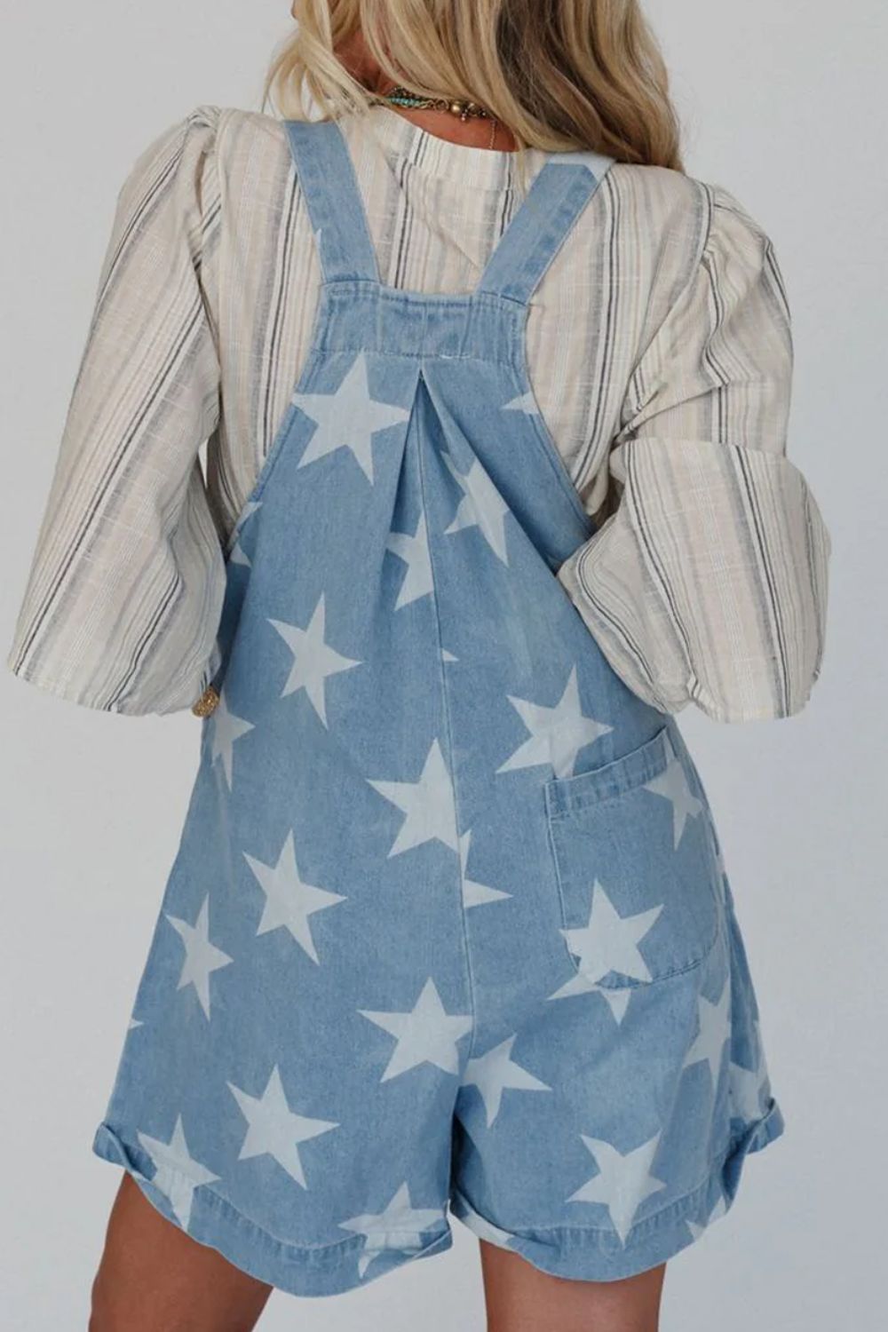 Star Print Square Neck Denim Overalls - felvior