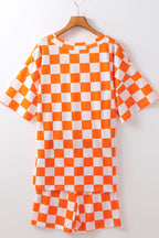 Checkerboard V Neck Loose Tee and Shorts Set