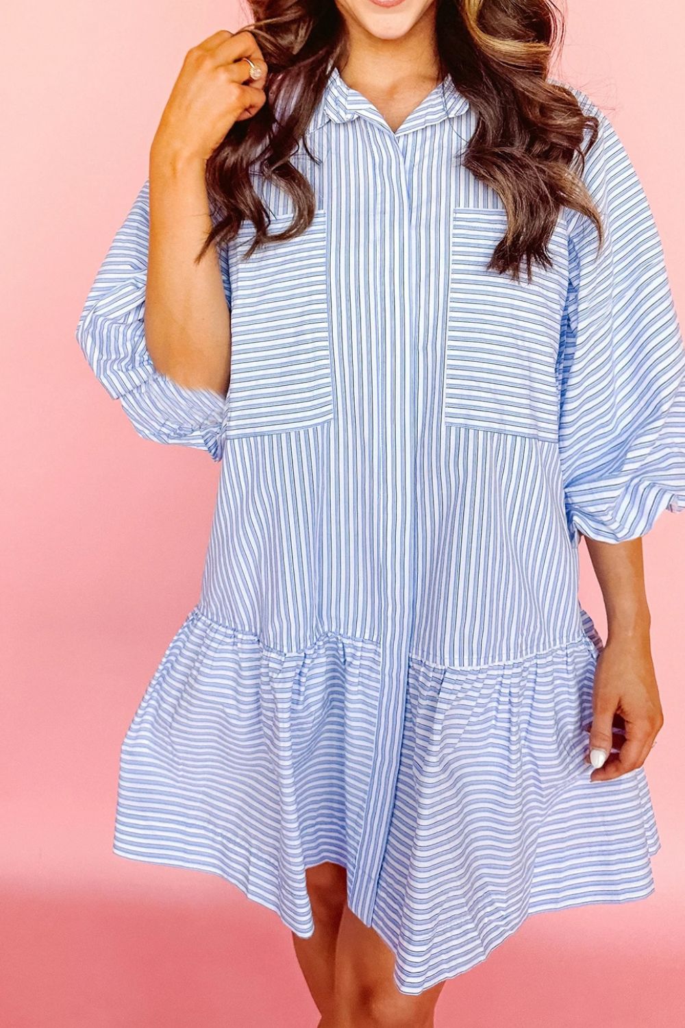 Stripe Bubble Sleeve Chest Pockets Shirt Dress - felvior