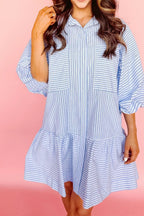 Stripe Bubble Sleeve Chest Pockets Shirt Dress