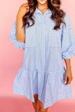 Stripe Bubble Sleeve Chest Pockets Shirt Dress - felvior