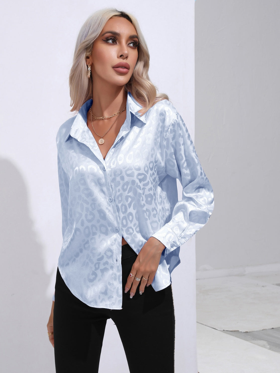 Leopard Collared Neck Long Sleeve Shirt - felvior