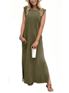 Full Size Slit Round Neck Sleeveless Maxi Tank Dress Plus Size