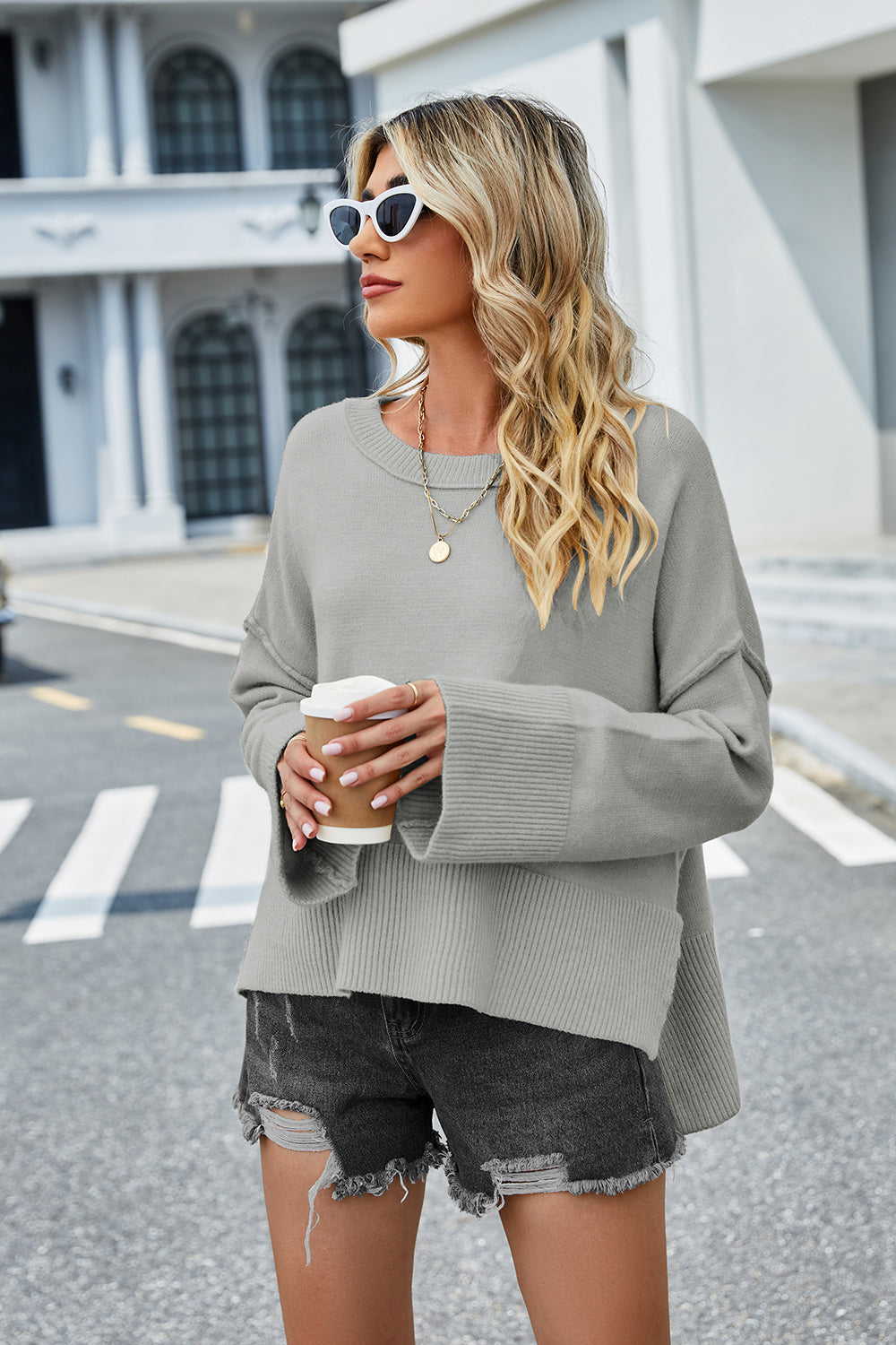 High-Low Slit Round Neck Long Sleeve Sweater - felvior