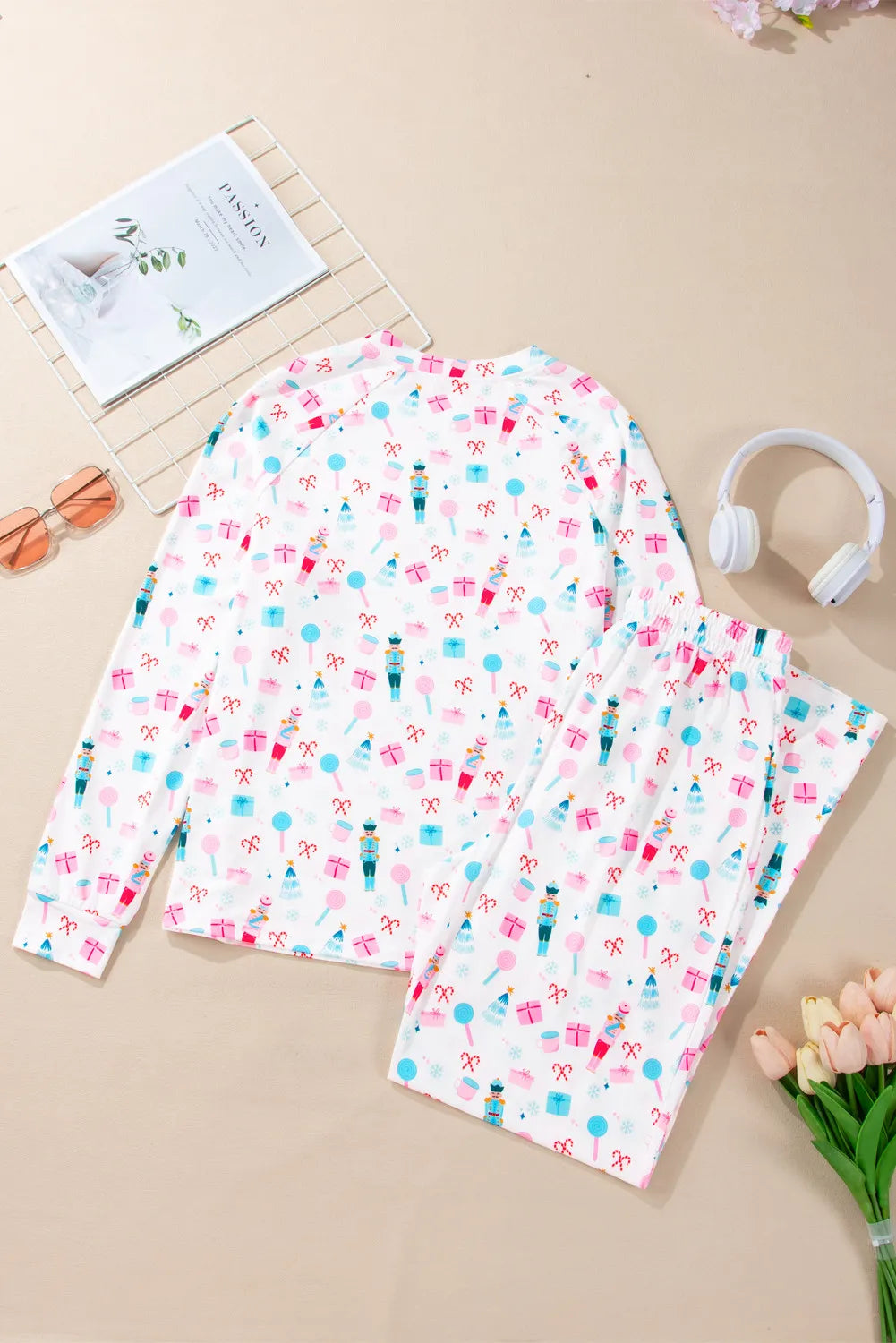 Printed Round Neck Long Sleeve Top and Pants Lounge Set - felvior