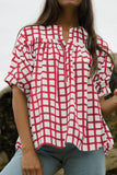 Plaid Button Detail Half Sleeve Blouse - felvior