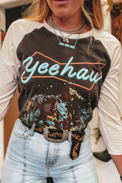 Graphic Contrast Round Neck Raglan Sleeve T-Shirt - felvior