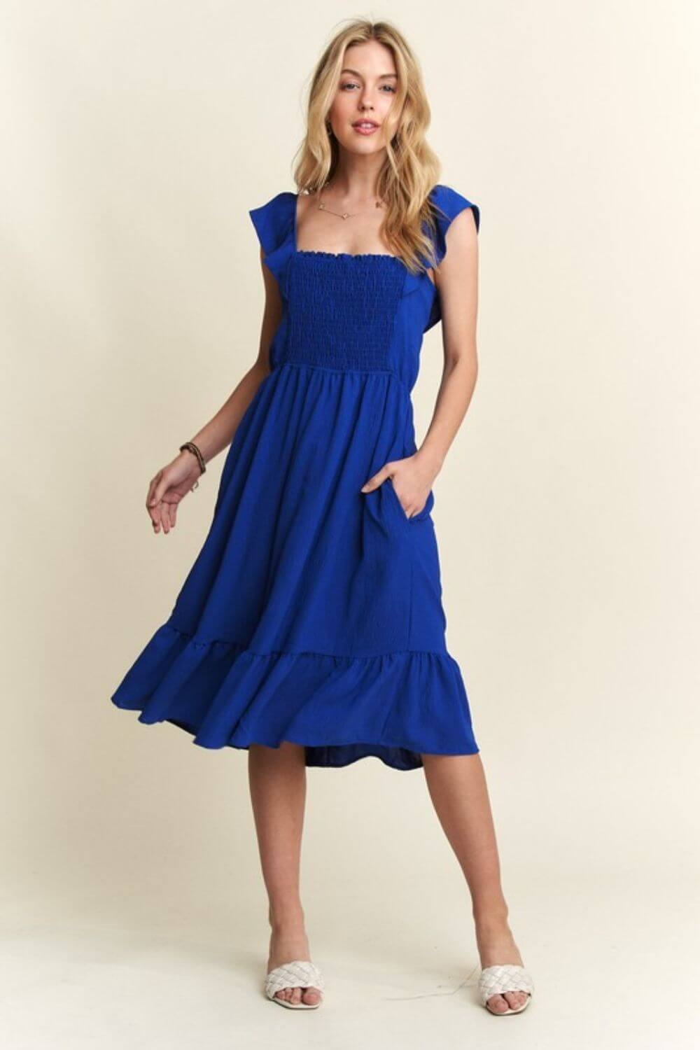 ADORA Smocked Square Neck Ruffled Cap Sleeve Dress