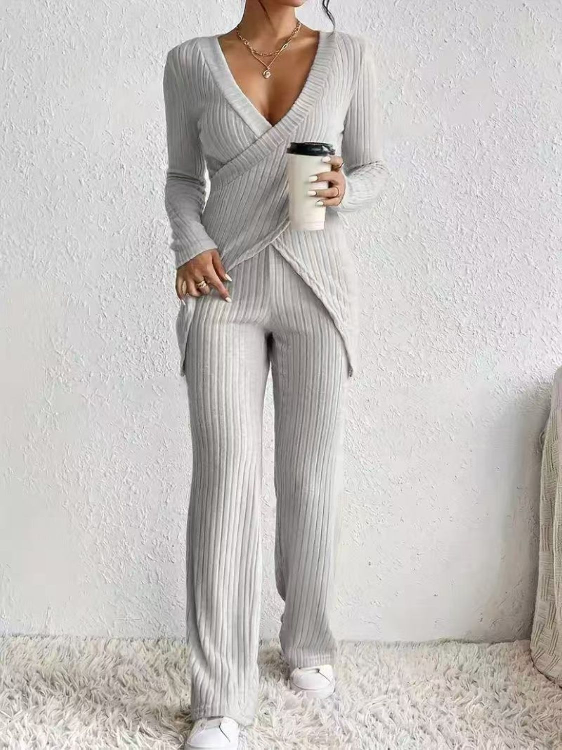 Surplice Long Sleeve Top and Pants Set
