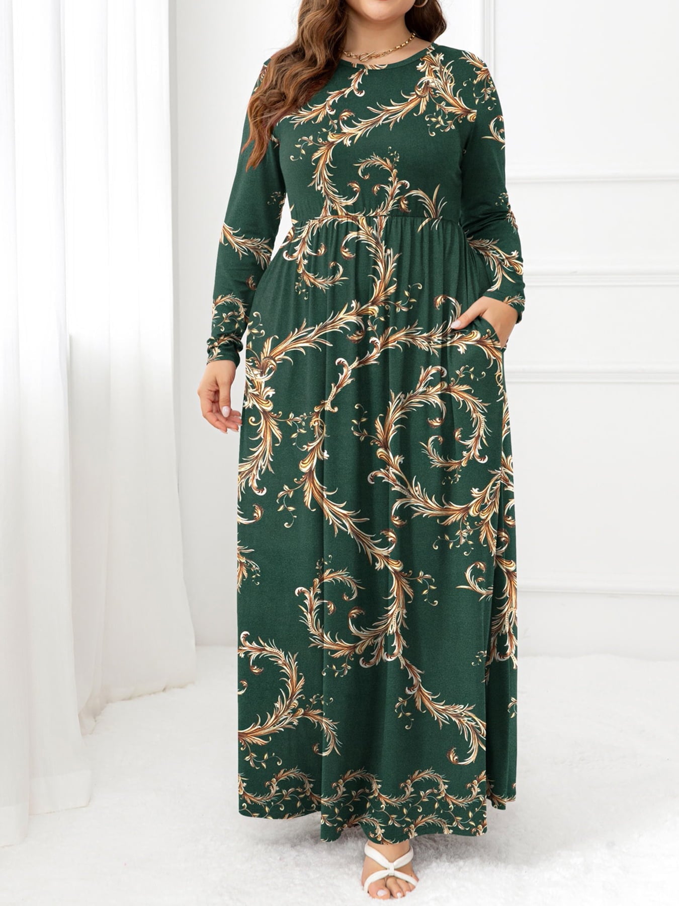 Plus Size Round Neck Maxi Dress with Pockets - felvior