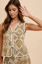 Annie Wear Ethnic Woven Jacquard Tie Front Vest