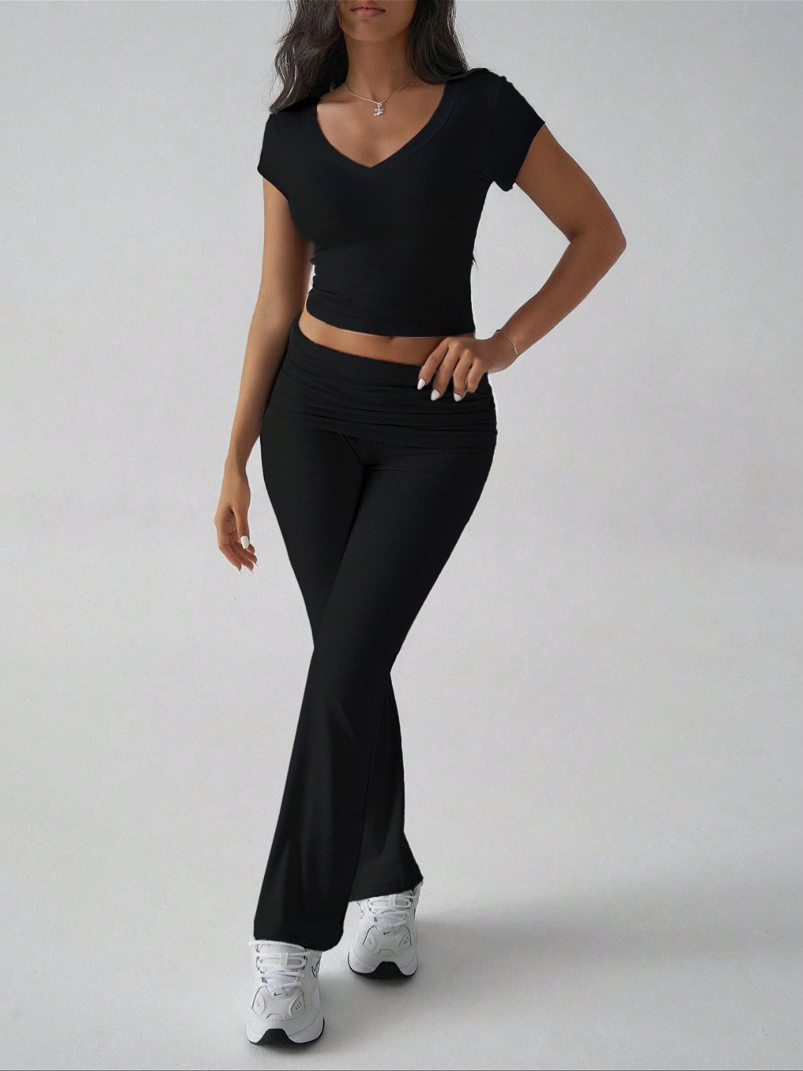 Devine V-Neck Top and Bootcut Leggings Set - felvior