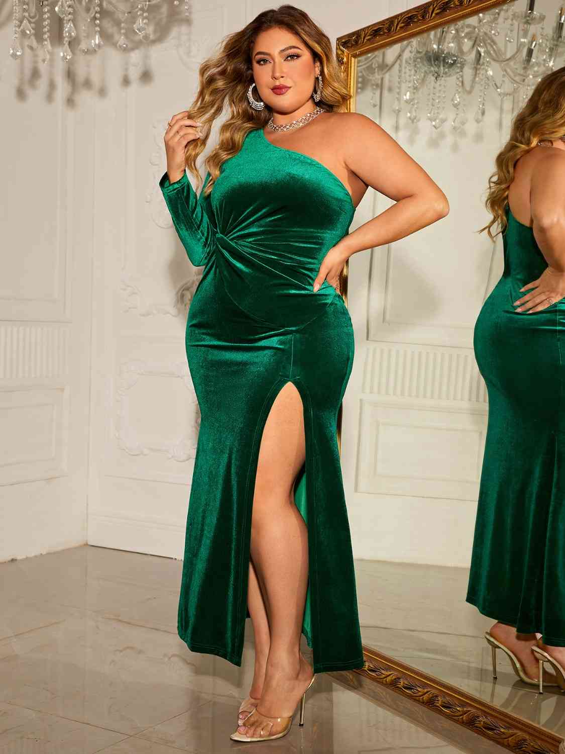 Honey Plus Size One-Shoulder Twisted Split Dress - felvior